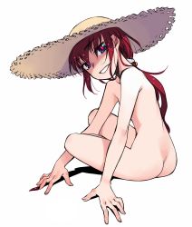 Rule 34 | 1girl, arm support, ass, completely nude, flat chest, hat, highres, kurame, kusari hime: euthanasia, long hair, looking at viewer, low ponytail, nakamura tetsuya, nude, red hair, red pupils, simple background, smile, solo, sun hat, white background