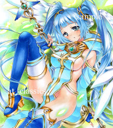 Rule 34 | 1girl, artist name, at classics, blue eyes, blue gloves, blue hair, blue thighhighs, breasts, fingerless gloves, gloves, long hair, looking at viewer, matching hair/eyes, naked tabard, original, sample watermark, sideboob, solo, staff, tabard, thighhighs, twintails, watermark