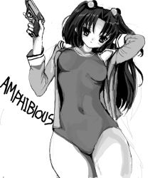 Rule 34 | 00s, 1girl, clannad, competition school swimsuit, greyscale, gun, hair bobbles, hair ornament, handgun, hip focus, ichinose kotomi, long hair, monochrome, no pants, oekaki, one-piece swimsuit, open clothes, open shirt, pistol, school swimsuit, school uniform, shirt, solo, swimsuit, swimsuit under clothes, toshi (little-fluffy-cloud), trigger discipline, twintails, two side up, undressing, weapon, wide hips