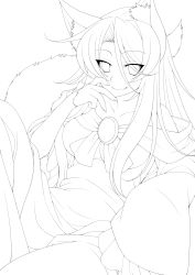 Rule 34 | 1girl, animal ears, eichi yuu, fang, greyscale, highres, imaizumi kagerou, lineart, long hair, looking at viewer, monochrome, sitting, sketch, smile, solo, tail, touhou, transparent background, wolf ears, wolf tail