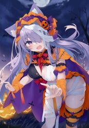 Rule 34 | 1girl, :d, animal, animal ears, bare tree, bat (animal), blush, bow, breasts, cape, cat ears, cat girl, cat tail, cloud, commentary request, fangs, feet out of frame, full moon, grey hair, hair over one eye, halloween, highres, leaning forward, long hair, looking at viewer, medium breasts, moon, mummy costume, nibiiro shizuka, night, night sky, open mouth, orange cape, original, outdoors, purple cape, purple eyes, red bow, sky, smile, solo, standing, striped clothes, striped thighhighs, sweat, tail, thighhighs, tree, very long hair