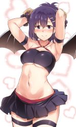 Rule 34 | 10s, 1girl, absurdres, armpits, arms behind head, arms up, bad id, bad pixiv id, black gloves, blush, breasts, closed mouth, commentary request, cowboy shot, crop top, demon girl, demon horns, demon wings, frilled gloves, frills, gabriel dropout, gloves, hair between eyes, hair tie, hallelujah essaim, highres, horns, looking at viewer, medium breasts, midriff, navel, o-ring, o-ring top, pleated skirt, purple eyes, purple hair, simple background, skirt, smile, solo, standing, stomach, suisen toire (moko924), thigh strap, tying hair, vignette tsukinose april, wide hips, wings