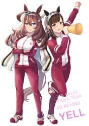 Rule 34 | absurdres, animal ears, blue eyes, breasts, brown hair, commentary request, crossed arms, hairband, hasegawa ikumi, highres, horse ears, horse girl, horse tail, jacket, kaniitama, large breasts, long hair, medium breasts, megaphone, mihono bourbon (umamusume), real life, tail, tracen training uniform, track jacket, umamusume, voice actor connection, white background, white hairband