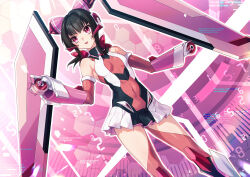 Rule 34 | 1girl, black hair, breasts, covered navel, elbow gloves, feet out of frame, frilled skirt, frills, gloves, headgear, highres, leotard, long bangs, looking ahead, pink eyes, pink thighhighs, poichomo, senki zesshou symphogear, short hair, skin tight, skirt, small breasts, smile, solo, symphogear pendant, teeth, thighhighs, tsukuyomi shirabe, upper teeth only