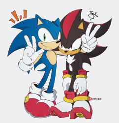 Rule 34 | 2boys, awhxque, full body, furry, furry male, gloves, green eyes, hedgehog, highres, looking at viewer, male focus, multiple boys, quill, red eyes, shadow the hedgehog, simple background, smile, sonic (series), sonic the hedgehog, tail, v, white gloves