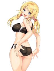 Rule 34 | 1girl, :d, adjusting buruma, adjusting clothes, ahoge, ass, back, bare arms, bare shoulders, black sports bra, blonde hair, blue eyes, breasts, buruma, butt crack, commentary, cowboy shot, from behind, hachimiya meguru, hair ornament, hairclip, highres, idolmaster, idolmaster shiny colors, inuzumi masaki, large breasts, long hair, looking at viewer, looking back, low twintails, open mouth, panties, panty peek, shiny skin, simple background, skindentation, smile, solo, sports bikini, sports bra, standing, star (symbol), star hair ornament, track uniform, twintails, underwear, white background