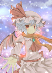 Rule 34 | 1girl, ascot, bat wings, blue hair, blush, brooch, bunchou (bunchou3103), dress, female focus, fingernails, gradient background, hat, highres, jewelry, outdoors, red eyes, remilia scarlet, scarf, short hair, sky, slit pupils, smile, solo, touhou, upper body, wings