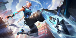 Rule 34 | 1girl, agus sw, black gloves, black pants, blue eyes, blue jacket, city, commentary, commission, cropped jacket, english commentary, fingerless gloves, floating, floating hair, floating object, floating weapon, from below, gloves, hair behind ear, highres, holding, holding knife, jacket, jett (valorant), jumping, knife, kunai, looking down, pants, parkour, ponytail, sidelocks, sleeveless, sleeveless jacket, smile, solo, valorant, weapon, white hair
