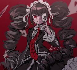 Rule 34 | 1girl, black jacket, black skirt, card, celestia ludenberg, closed mouth, danganronpa: trigger happy havoc, danganronpa (series), drill hair, highres, holding, holding card, hy (fjvlg), jacket, joker (playing card), layered skirt, looking at viewer, monokuma, necktie, open clothes, open jacket, playing card, print necktie, red background, red eyes, red necktie, skirt, smile, solo, twin drills, twintails