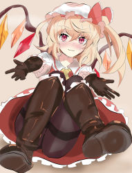 Rule 34 | 1girl, aya-daisuki218, black gloves, black pantyhose, blush, boots, brown background, brown footwear, commentary request, flandre scarlet, frilled sleeves, frills, full body, gloves, hair between eyes, hat, hat ribbon, highres, looking at viewer, mob cap, pantyhose, puffy short sleeves, puffy sleeves, red eyes, red ribbon, ribbon, shirt, shoe soles, short sleeves, simple background, solo, sweat, touhou, white hat, white shirt, wings