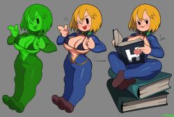 Rule 34 | 1girl, artist name, bikini, bikini top only, blonde hair, book, breasts, collar, fallout (series), grey background, hair between eyes, highres, jumpsuit, large breasts, mob face, navel, open clothes, pointing, short hair, solid oval eyes, swimsuit, vault girl, vault suit, waa153