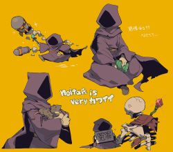 Rule 34 | 2others, anger vein, cape, commentary request, crack, flask, highres, holding, holding stone tablet, holding wand, hood, hood up, hooded cape, missile, mouse (animal), multiple others, multiple views, noita, noita (character), nuclear weapon, okajamira, propane tank, purple cape, purple robe, robe, running, sash, shoes, sitting, skeleton, smoke trail, sparkle, standing, stone tablet, translation request, undead, wand, yellow background