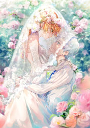 Rule 34 | 1boy, 1girl, blue eyes, blue neckwear, bridal gauntlets, bridal veil, collared shirt, dress, emma (yakusoku no neverland), flower, from side, girl on top, green eyes, grin, highres, holding person, kinokohime, long hair, looking at another, looking down, looking up, neck tattoo, norman (yakusoku no neverland), number tattoo, orange hair, shirt, short hair, smile, tattoo, veil, wedding, wedding dress, white dress, white hair, white shirt, wreath, yakusoku no neverland