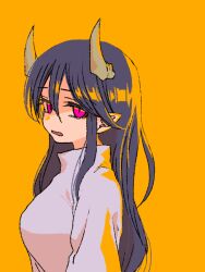 Rule 34 | 1girl, black hair, breasts, hair between eyes, hashimoto (soukidann2010), horns, long hair, long sleeves, looking at viewer, open mouth, orange background, original, red eyes, shirt, simple background, solo, upper body, white shirt, yellow background