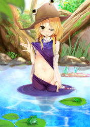 Rule 34 | 1girl, ;p, blonde hair, blush, bow, branch, caesar8149, clothes lift, clothes pull, day, forest, frog, groin, hair bow, hair ornament, hat, highres, leaf, lily pad, long sleeves, looking at viewer, looking back, midriff, moriya suwako, nature, navel, one eye closed, outdoors, partially submerged, pond, ribbon, rock, shirt, shirt lift, short hair, skirt, skirt pull, skirt set, solo, tongue, tongue out, touhou, tree, turtleneck, vest, wading, water, wet, wet clothes, wide sleeves, yellow eyes