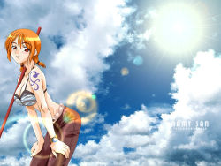 Rule 34 | 1girl, belt, bikini, bikini top only, blue sky, blush, breasts, capri pants, character name, cleavage, cloud, compass, leaning forward, lens flare, log pose, matching hair/eyes, nami (one piece), naughty face, one piece, orange eyes, orange hair, pants, short hair, short twintails, sky, skypiea, solo, staff, sunlight, swimsuit, tattoo, twintails, wallpaper