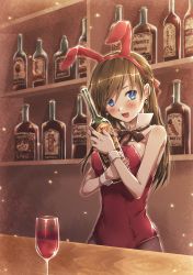 Rule 34 | 1girl, alcohol, animal ears, bad id, bad pixiv id, bar (place), blue eyes, blush, bottle, breasts, brown hair, chalice, cup, detached collar, face, fake animal ears, fang, female focus, highres, leotard, long hair, natsu natsuna, open mouth, original, pantyhose, playboy bunny, smile, solo, wine, wrist cuffs