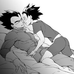 Rule 34 | 2boys, abs, cabba, dragon ball, dragonball z, gloves, lova4513, lying, male focus, monochrome, multiple boys, muscular, pectorals, size difference, straddling, tagme, vegeta, yaoi