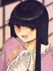 Rule 34 | 1girl, :d, artist name, blurry, blurry background, blush, blush stickers, boa (brianoa), eyebrows, eyelashes, hand under clothes, highres, hime cut, houraisan kaguya, imperishable night, long hair, long sleeves, neck, open mouth, portrait, red eyes, shine, sleeves past fingers, sleeves past wrists, smile, solo, solo focus, touhou, traditional dress, twitter username