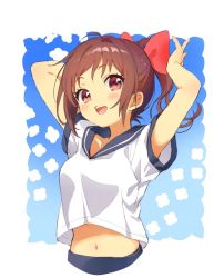 Rule 34 | 1girl, arms behind head, arms up, brown eyes, brown hair, cropped torso, long hair, midriff, navel, open mouth, original, outside border, ponytail, ribbon, sakuro, school uniform, serafuku, shirt, smile, solo, standing, swept bangs, upper body, white shirt