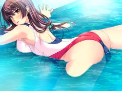 Rule 34 | 1girl, blush, breasts, brown hair, cameltoe, female focus, game cg, huge breasts, long hair, looking at viewer, marushin (denwa0214), open mouth, pool, red eyes, shinohara katsumi, solo, supokon! sports wear complex, swimsuit, water