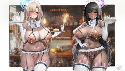 Rule 34 | 2girls, alternate costume, asuna (blue archive), black garter straps, black hair, blonde hair, blue archive, blue eyes, blush, bra, breasts, cake, cake slice, commentary, cowboy shot, cupless bra, dark-skinned female, dark skin, detached collar, elbow gloves, english commentary, food, garter straps, gloves, gold, halo, hand on own hip, highres, holding, holding plate, huge breasts, karin (blue archive), long hair, looking at viewer, maid headdress, multiple girls, nipple piercing, nipples, piercing, plate, remote control vibrator, revealing clothes, sex toy, sweat, thighhighs, underwear, very long hair, vibrator, vodeferr, white gloves, white thighhighs, yellow eyes
