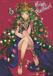 Rule 34 | 1girl, absurdres, barefoot, braid, christmas lights, christmas ornaments, closed mouth, dress, feet, fire emblem, fire emblem: three houses, green eyes, green hair, hair ornament, highres, kirr rr, long hair, merry christmas, nintendo, pointy ears, red background, simple background, solo, sothis (fire emblem), tiara, twin braids