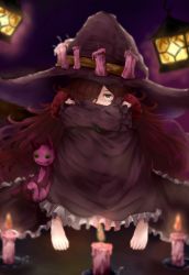 Rule 34 | 10s, 1girl, anna (granblue fantasy), bad id, bad twitter id, barefoot, blurry, buttons, candle, depth of field, dress, fire, frilled dress, frills, granblue fantasy, green eyes, hair over one eye, hat, highres, lantern, long hair, long sleeves, looking at viewer, neko sensha, purple dress, red hair, sitting, solo, stuffed animal, stuffed cat, stuffed toy, very long hair, witch, witch hat