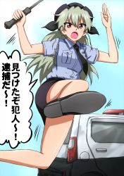 Rule 34 | 1girl, anchovy (girls und panzer), black necktie, black skirt, blush, breasts, girls und panzer, green hair, hair ornament, hair ribbon, highres, kicking, long hair, miniskirt, necktie, omachi (slabco), open mouth, police, police uniform, policewoman, red eyes, ribbon, skirt, small breasts, solo, speech bubble, translation request, uniform