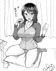 Rule 34 | 1girl, blush, breasts, cellphone, chips (food), commentary, controller, cup, curtains, dress shirt, emblem, food, food bite, game controller, girls und panzer, greyscale, highres, holding, holding food, holding phone, indoors, jacket, keizoku military uniform, large breasts, long hair, mika (girls und panzer), military, military uniform, monochrome, mordeth, mug, no pants, panties, phone, pillow, potato chips, raglan sleeves, saliva, senbei, shirt, sitting, smartphone, socks, solo, sweatdrop, table, track jacket, translated, underwear, uniform, wariza, white shirt, wing collar