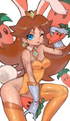 Rule 34 | 1girl, animal ears, arched back, bare shoulders, blue eyes, blush, breasts, brown hair, cameltoe, carrot, carrot (mario), crown, dakusuta, detached collar, earrings, fake animal ears, flower earrings, gloves, heart, highleg, highleg leotard, highres, jewelry, leotard, long hair, looking at viewer, mario (series), medium breasts, necktie, nintendo, one eye closed, orange leotard, orange necktie, orange thighhighs, playboy bunny, princess, princess daisy, rabbit ears, rabbit tail, smile, solo, strapless, strapless leotard, super mario land, super mario land 2, tail, thighhighs, tongue, tongue out, white background, white gloves