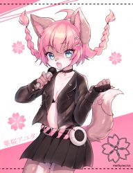 Rule 34 | 1girl, ahoge, animal ears, artist name, belt, black jacket, black skirt, blue eyes, braid, character name, choker, fang, female focus, fingerless gloves, fox ears, fox tail, furry, furry female, gloves, hair ornament, highres, holding, holding microphone, jacket, methynecros, microphone, open clothes, open jacket, open mouth, original, pleated skirt, skirt, solo, tail, twin braids, x hair ornament