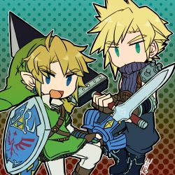 Rule 34 | 1990s (style), 2boys, armor, baggy pants, belt, blonde hair, blue eyes, boots, chainmail, chibi, cloud strife, earrings, final fantasy, final fantasy vii, fingerless gloves, gauntlets, gloves, holding, holding sword, holding weapon, hylian shield, jewelry, link, male focus, multiple boys, nintendo, no nose, open mouth, pants, pointy ears, retro artstyle, shield, sleeveless, sleeveless turtleneck, smile, spiked hair, sunagimo (nagimo), super smash bros., suspenders, sword, the legend of zelda, the legend of zelda: twilight princess, tunic, turtleneck, weapon