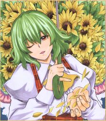 Rule 34 | 1girl, absurdres, ascot, breasts, center frills, collared shirt, commentary request, flower, frills, green hair, highres, holding, holding umbrella, juliet sleeves, kazami yuuka, large breasts, long sleeves, matsuri kyuuta, one eye closed, open clothes, open vest, parted lips, petals, plaid, plaid skirt, plaid vest, puffy sleeves, red eyes, red skirt, red vest, shirt, short hair, skirt, solo, sunflower, touhou, traditional media, umbrella, upper body, vest, white shirt, yellow ascot