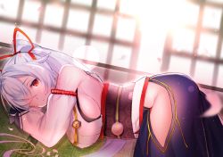 Rule 34 | 1girl, backlighting, bare shoulders, blush, breasts, closed mouth, detached sleeves, fate/grand order, fate (series), felnemo, hair ribbon, highres, hip vent, japanese clothes, kimono, large breasts, lens flare, long hair, looking at viewer, lying, obi, on side, petals, ponytail, red eyes, red ribbon, ribbon, sash, short kimono, sideboob, silver hair, smile, solo, tomoe gozen (fate), very long hair, white kimono
