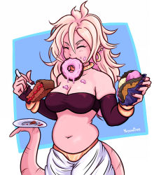 Rule 34 | 1girl, android 21, bandeau, belly, blonde hair, bracelet, breasts, cleavage, colored skin, dragon ball, dragon ball fighterz, earrings, eating, closed eyes, feet out of frame, female focus, fingernails, food, food in mouth, food on body, food on breasts, food on face, glutton, jewelry, long hair, majin android 21, medium breasts, midriff, muffin top, nail polish, navel, necklace, noontide, pastry, pink hair, pink skin, plump, simple background, solo, strapless, tail, tube top