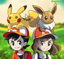 Rule 34 | 1boy, 1girl, :3, baseball cap, black hair, brown eyes, brown hair, chase (pokemon), closed mouth, commentary, creature, creatures (company), deviantart username, elaine (pokemon), english commentary, face, game freak, gen 1 pokemon, gooompy, hat, looking at viewer, nintendo, on head, outdoors, pokemon, pokemon (creature), pokemon lgpe, pokemon on head, signature, smile