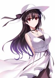 Rule 34 | 1girl, arms behind back, bare arms, bare shoulders, black hair, black ribbon, blush, breasts, cleavage, dress, hat, hat ribbon, highres, jewelry, kasumigaoka utaha, large breasts, looking at viewer, necklace, nether melody, red eyes, ribbon, saenai heroine no sodatekata, simple background, smile, solo, sun hat, sundress, upper body, white background, white dress, white hat