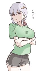 Rule 34 | 1girl, absurdres, breasts, circlet, crossed arms, dolphin shorts, earrings, fate/grand order, fate (series), green shirt, grey shorts, hair ribbon, highres, jewelry, kama (fate), kopaka (karda nui), large breasts, long hair, looking at viewer, ponytail, red eyes, ribbon, shirt, short sleeves, shorts, solo, thighs, translation request, white hair