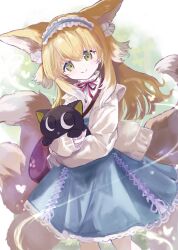 Rule 34 | 1girl, animal ear fluff, animal ears, arknights, bag, black cat, blonde hair, blue hairband, blue skirt, brown bag, cardigan, cat, commentary request, crossover, feet out of frame, fox ears, fox girl, fox tail, frilled hairband, frills, green eyes, hair ornament, hair scrunchie, hairband, high-waist skirt, highres, kataageteto, kitsune, kyuubi, long hair, long sleeves, luo xiaohei, luo xiaohei zhanji, multicolored hair, multiple tails, neck ribbon, official alternate costume, open cardigan, open clothes, puffy long sleeves, puffy sleeves, red ribbon, ribbon, scrunchie, shirt, shoulder bag, skirt, sleeves past wrists, smile, solo, stitches, suzuran (arknights), suzuran (spring praise) (arknights), tail, two-tone hair, white hair, white shirt, yellow cardigan