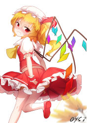 Rule 34 | 1girl, ascot, blonde hair, bloomers, blush, clenched teeth, embarrassed, flandre scarlet, frilled skirt, frills, hand fan, hat, hat ribbon, highres, miniskirt, mob cap, puffy short sleeves, puffy sleeves, qys3, red eyes, red footwear, red ribbon, red skirt, ribbon, shoes, short sleeves, side ponytail, signature, simple background, skirt, skirt set, skirt tug, slit pupils, socks, solo, standing, standing on one leg, tears, teeth, touhou, underwear, vest, white background, white hat, white socks, wind, wind lift, wings, wrist cuffs