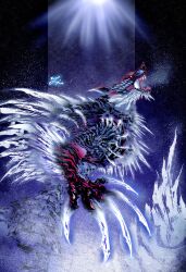 absurdres breath breath_weapon breathing_ice claws deadpool_yuchan frost highres ice looking_at_viewer lunagaron monster monster_focus monster_hunter_(series) monster_hunter_rise moonlight no_humans open_mouth red_eyes scales sharp_teeth signature snout spikes tail teeth