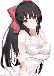 Rule 34 | 1girl, black hair, bow, breast hold, breasts, cleavage, closed mouth, commentary request, covered navel, dress, hair bow, highres, large breasts, long hair, looking at viewer, neko (ganecooo), noihara himari, omamori himari, ponytail, purple eyes, solo, sundress, very long hair, white dress