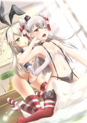 Rule 34 | 10s, 2girls, absurdres, amatsukaze (kancolle), animal ears, areola slip, black dress, black panties, blonde hair, blush, bow, bow panties, breasts, brianchan.t.w, brown eyes, choker, collarbone, covered erect nipples, desk, dress, elbow gloves, fake animal ears, fang, flat chest, garter straps, gloves, grabbing, grabbing another&#039;s breast, green eyes, hair ribbon, hair tubes, highres, kantai collection, kneeling, lamp, long hair, map, multiple girls, no pants, one eye closed, open mouth, panties, rabbit ears, ribbon, shimakaze (kancolle), shirt, silver hair, small breasts, striped clothes, striped legwear, striped thighhighs, suspenders, thighhighs, topless, two side up, underwear, underwear only, very long hair, white gloves, yuri