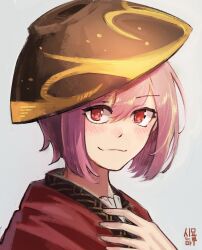 Rule 34 | 1girl, absurdres, black hat, bowl, bowl hat, closed mouth, erty113, grey background, hat, highres, looking at viewer, purple hair, red eyes, short hair, signature, simple background, smile, solo, sukuna shinmyoumaru, touhou, upper body