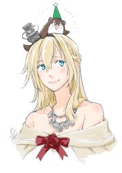 Rule 34 | 1girl, :d, bare shoulders, blonde hair, blue eyes, blush, bokukawauso, braid, breasts, cleavage, collarbone, cropped legs, crown, dress, flower, french braid, hair between eyes, hair ornament, hairband, hat, jewelry, kantai collection, long hair, looking up, mini crown, necklace, off-shoulder dress, off shoulder, open mouth, otter, party hat, red flower, red ribbon, red rose, ribbon, rose, signature, simple background, smile, teeth, warspite (kancolle), white background, white dress, yamada rei (rou)