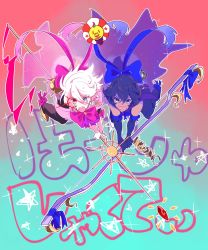 Rule 34 | 2boys, arjuna (fate), black eyes, blue eyes, bow, bow (weapon), brothers, dark-skinned male, dark skin, fairy, fate/apocrypha, fate/grand order, fate (series), from above, heterochromia, highres, karna (fate), leotard, magical boy, male focus, multiple boys, nisihayaki, open mouth, pakocure, red eyes, short hair, siblings, staff, star (symbol), thomas edison (fate), weapon
