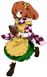 Rule 34 | 1girl, apron, bad id, bad pixiv id, bell, blush, book, boots, checkered clothes, checkered skirt, clothes writing, female focus, fuantei, hair ornament, long sleeves, motoori kosuzu, red eyes, red hair, short hair, skirt, smile, solo, touhou
