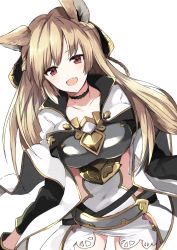 Rule 34 | 10s, 1girl, animal ears, armor, bad id, bad pixiv id, blonde hair, blush, braid, choker, collarbone, erune, gloves, granblue fantasy, highres, long hair, long sleeves, looking at viewer, open mouth, red eyes, ribbon, shirt, skirt, smile, solo, white background, white shirt, yuisis (granblue fantasy), yuzuru (xxelysionxx)