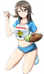 Rule 34 | 1girl, ;), blue shirt, blue shorts, blue socks, brown eyes, brown hair, casual, closed mouth, clothes writing, commentary, cropped shirt, food, girls und panzer, highres, holding, holding plate, holding spoon, kneeling, long hair, looking at viewer, micro shorts, midriff, mika (girls und panzer), navel, omachi (slabco), one eye closed, plate, print shirt, raglan sleeves, shirt, shorts, simple background, smile, socks, solo, spoon, steak, translated, two-tone shirt, white background, white shirt